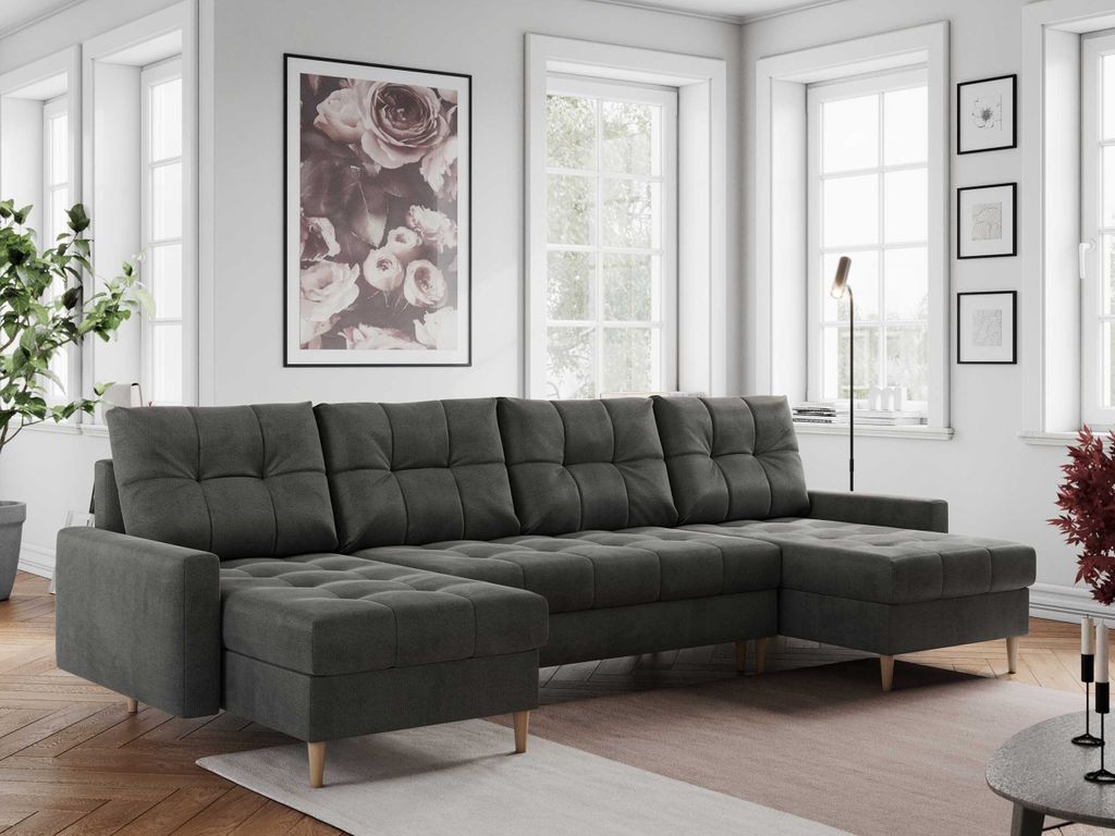 Ecksofa U-form mit Schlaffunktion, Bettkasten, Couch Sofa - COLIN U - Dunkelgrau