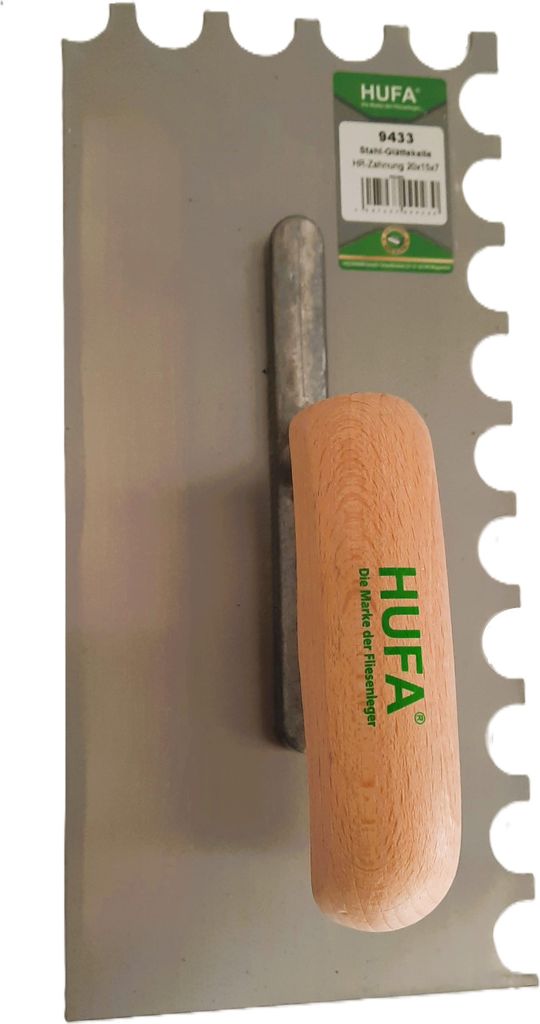 Hufa Glättekelle Stahl Holzgriff 280mm x 130mm 20x15mm halbrund gezahnt