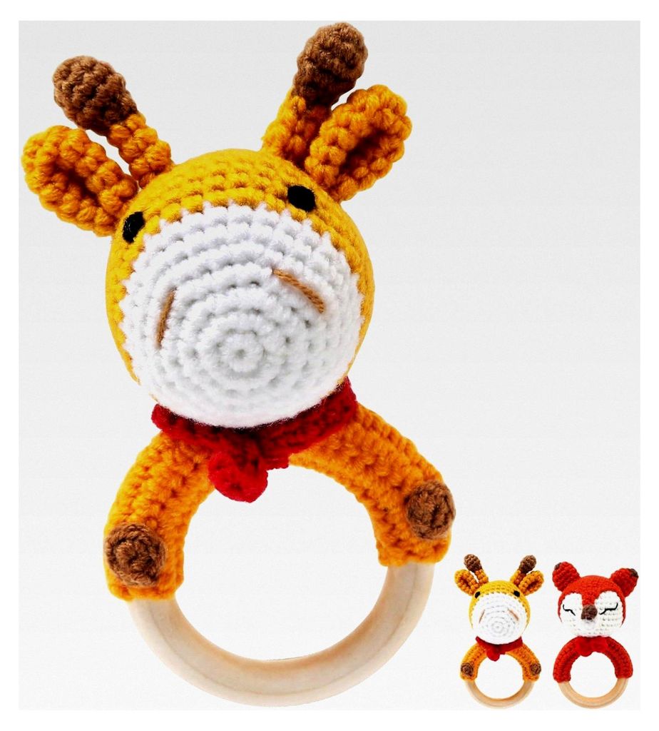 Holz Baby Rassel mit handgefertigtem Häkelbezug und Holz Beißring, Spielzeug für Neugeborene, orange Giraffe