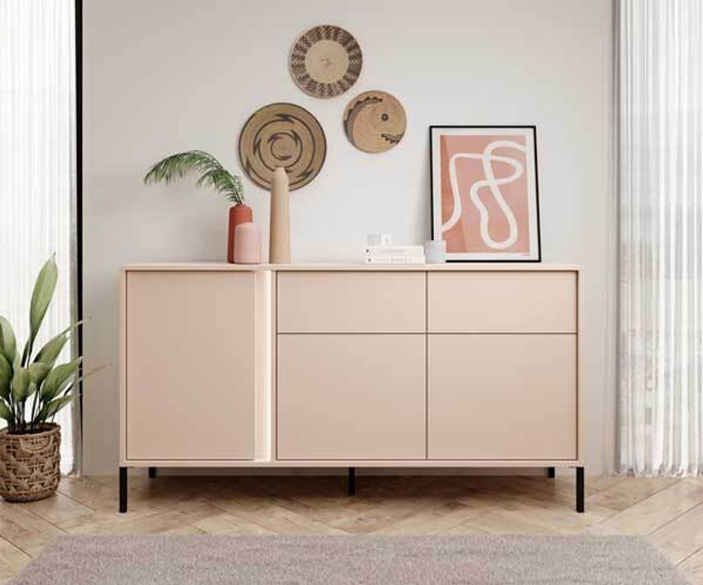 Kommode Sideboard Dast 153x39,5x81cm beige 3-türig mit LED-Beleuchtung