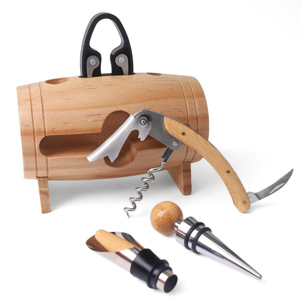 Weinöffner-Geschenkset, 4-teilig mit Holzständer, Edelstahl-Flaschenöffner, Rotweinverschluss, Weinausgießer und Folienmesser