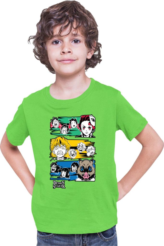 Kinder T-Shirt Demon Anime Slayer Kimetsu No Yaiba Tanjiro Zenitsu Inosuke 001, 9-11 Jahr - 140 / Lime