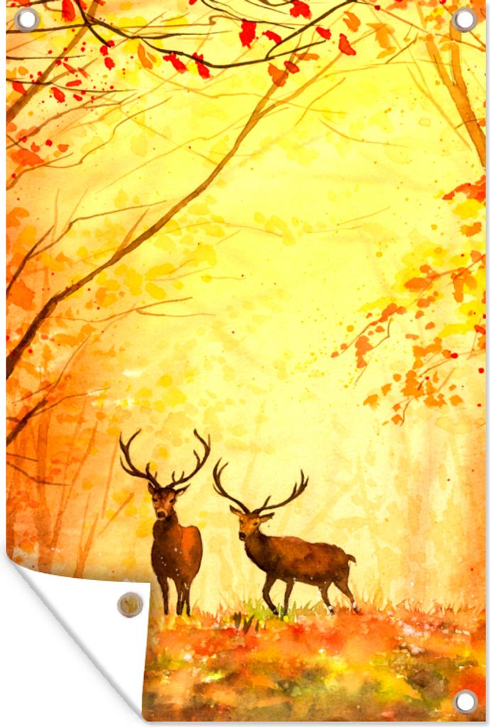 MuchoWow 40x60 cm Outdoor-Poster Gartendeko Sichtschutz Garten Poster für den Garten Natur - Ölfarbe - Hirsche - Tiere - Herbst - Orange