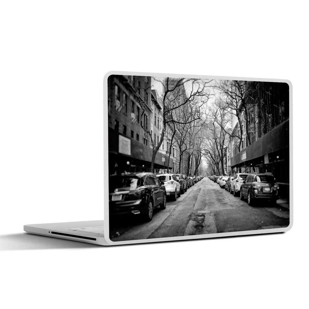 MuchoWow Laptop Aufkleber Sticker Cover Geparkte Autos in New York - schwarz und weiß 40x30 cm - Laptop Dekoration - Selbstklebend