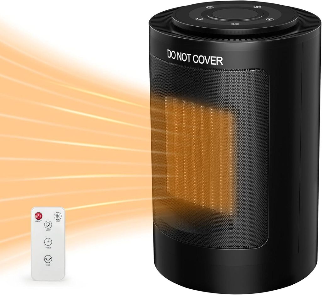 A black cylindrical ceramic heater with a remote control and orange heat waves emanating from it.