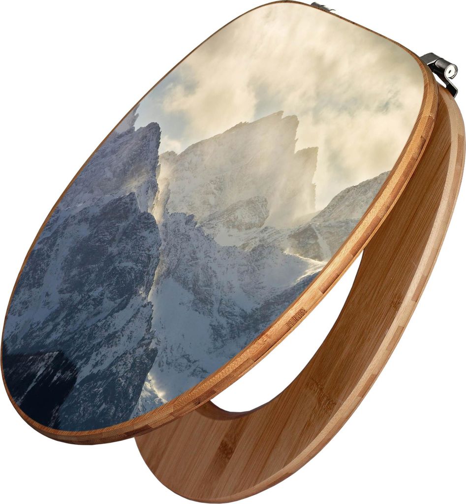 banjado Design WC Sitz Bambus 44x38x5cm - Alpen im Sonnenschein - Toilettendeckel/Toilettensitz Bambus - hochwertiger Bambus Klodeckel/WC-Sitz mit ...
