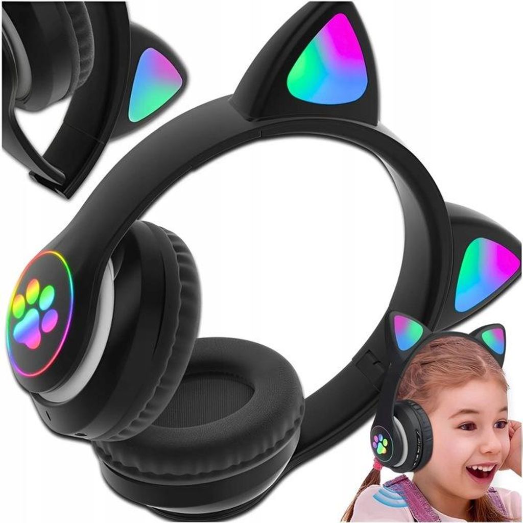 Kinder Over-Ear Kopfhoerer Bluetooth 5.0 Mit RGB LED Katzenohren – Schwarz, Mikrofon, MicroSD, AUX