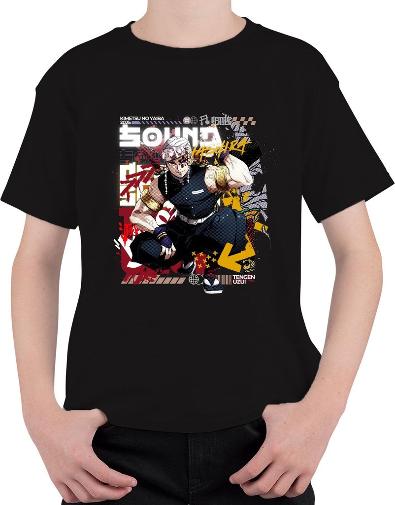 Tengen Uzui Kimetsu no Yaiba Hashira Schwerter Perlen Gold Uni Kinder T-Shirt, Schwarz, 104