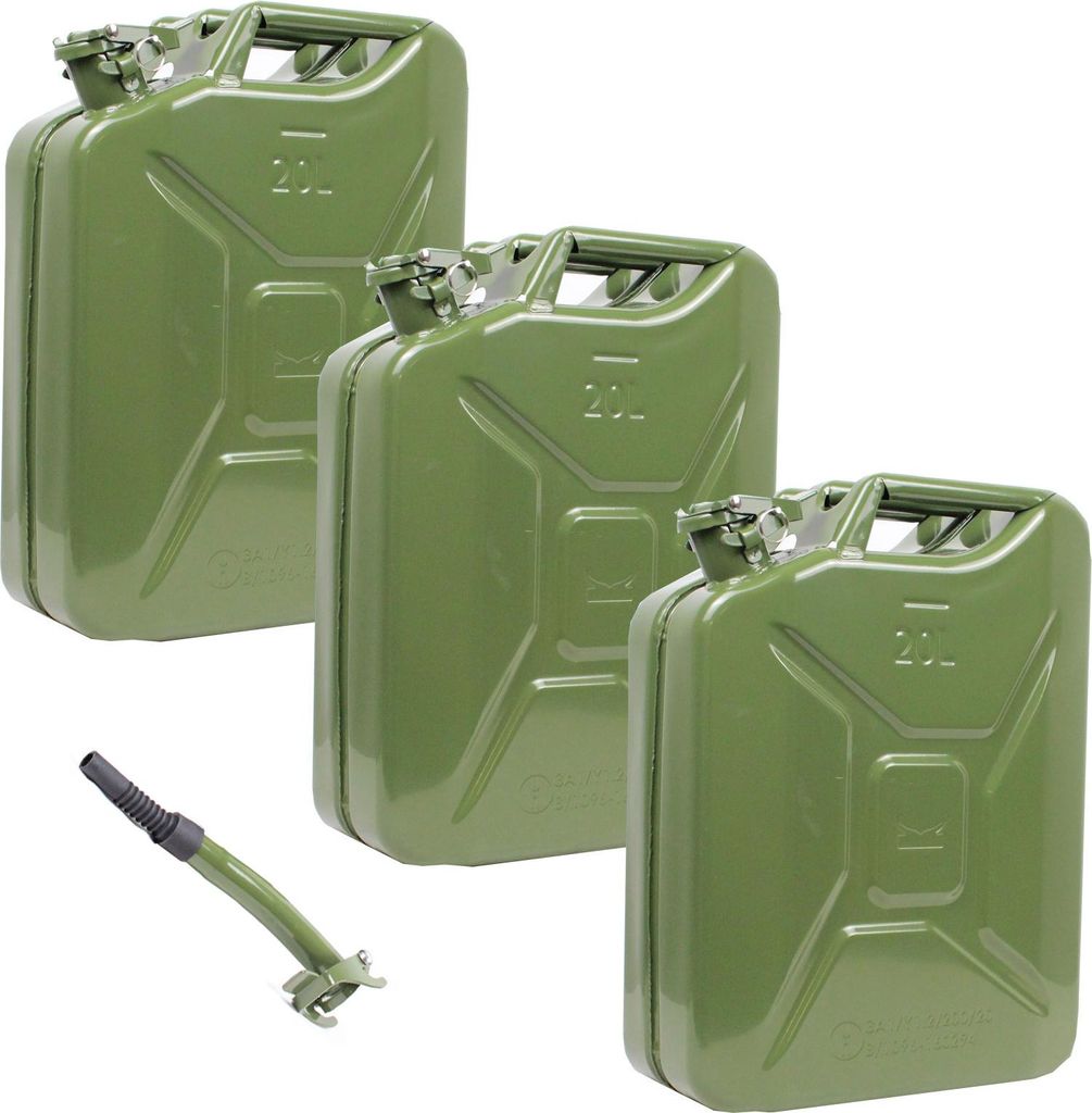 3x 20l Benzinkanister aus olivgrünem Metall inkl. Ausgießer Produktbild 