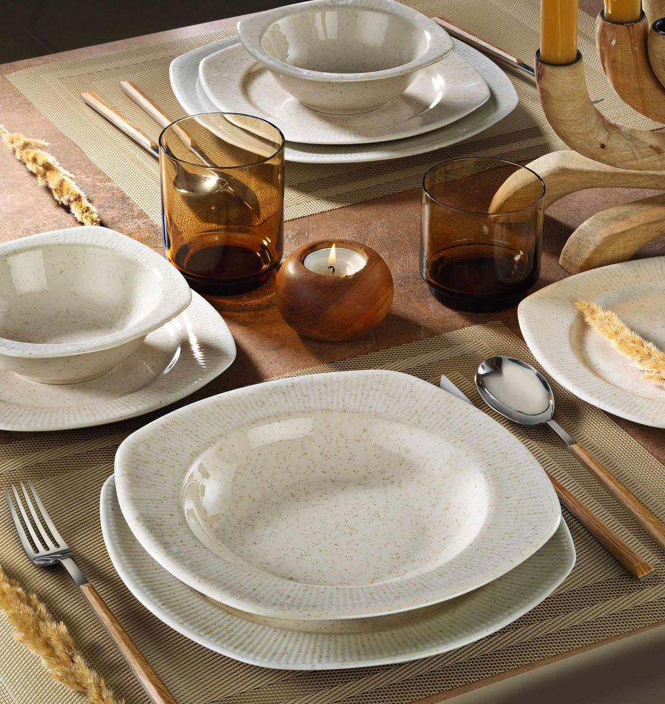Hermia Concept, Hochwertiges Dinner Set (24 Teile), 100% Porzellan, Creme und Zimt | 6 Servierplatten (22x22x2), 6 Teller (20x20x3), 6 Schalen (14x...