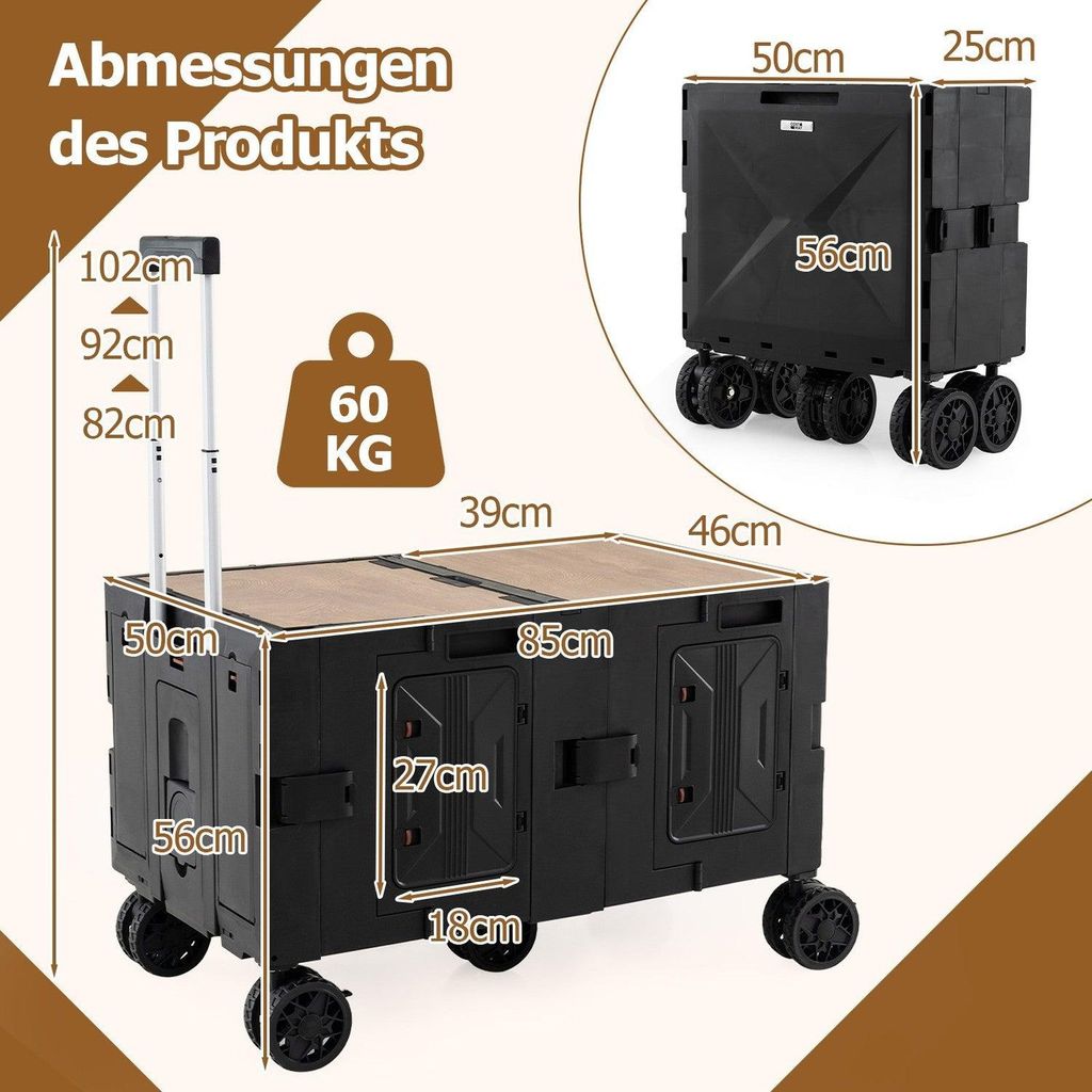 Faltbarer Bollerwagen mit Tischplatte, verstellbarem Griff, Schwarz