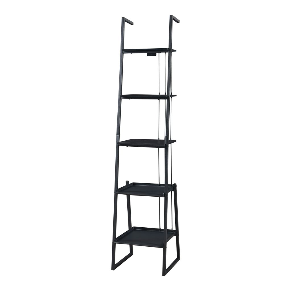 A tall, black ladder shelf with five shelves against a white background.
