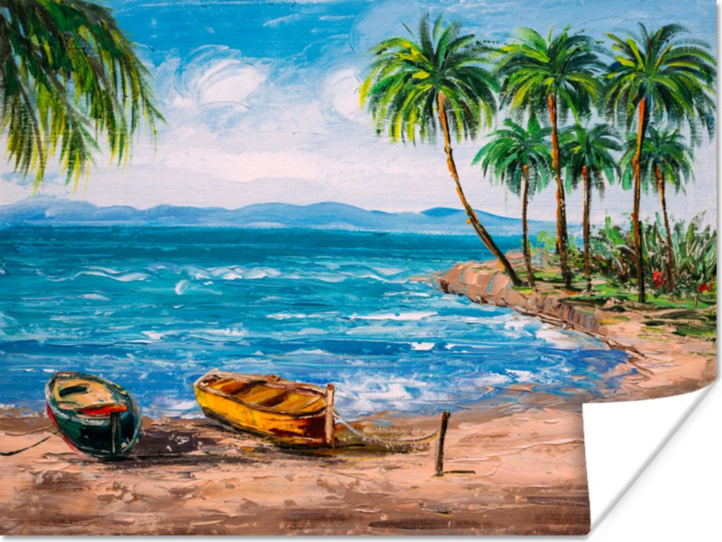 MuchoWow Poster Gemälde - Öl auf Leinwand - Strand - Palme - Boot 120x90 cm - Wandbild