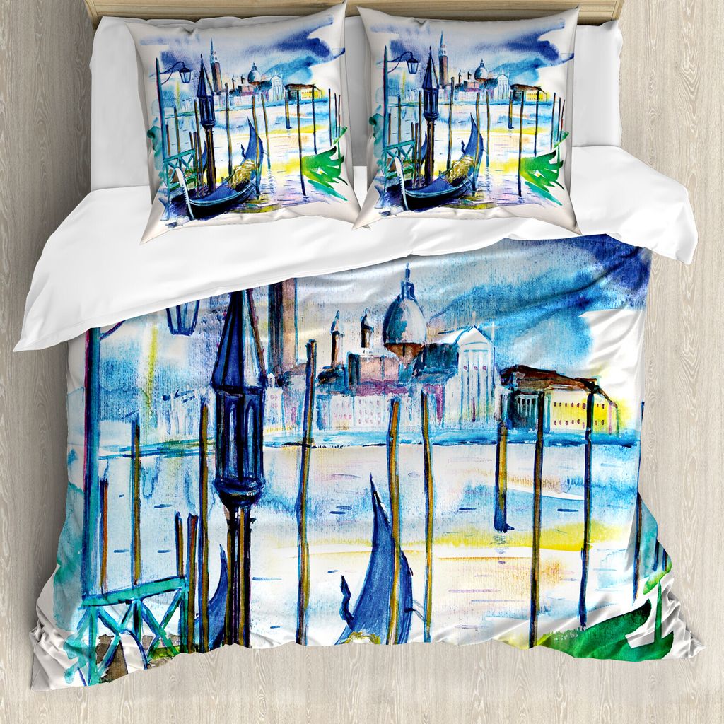 ABAKUHAUS Landschaft Bettbezug, Boot in Venedig Italien, Milbensicher Allergiker geeignet mit Kissenbezügen, 200 cm x 200 cm - 80 x 80 cm, Blau, L...
