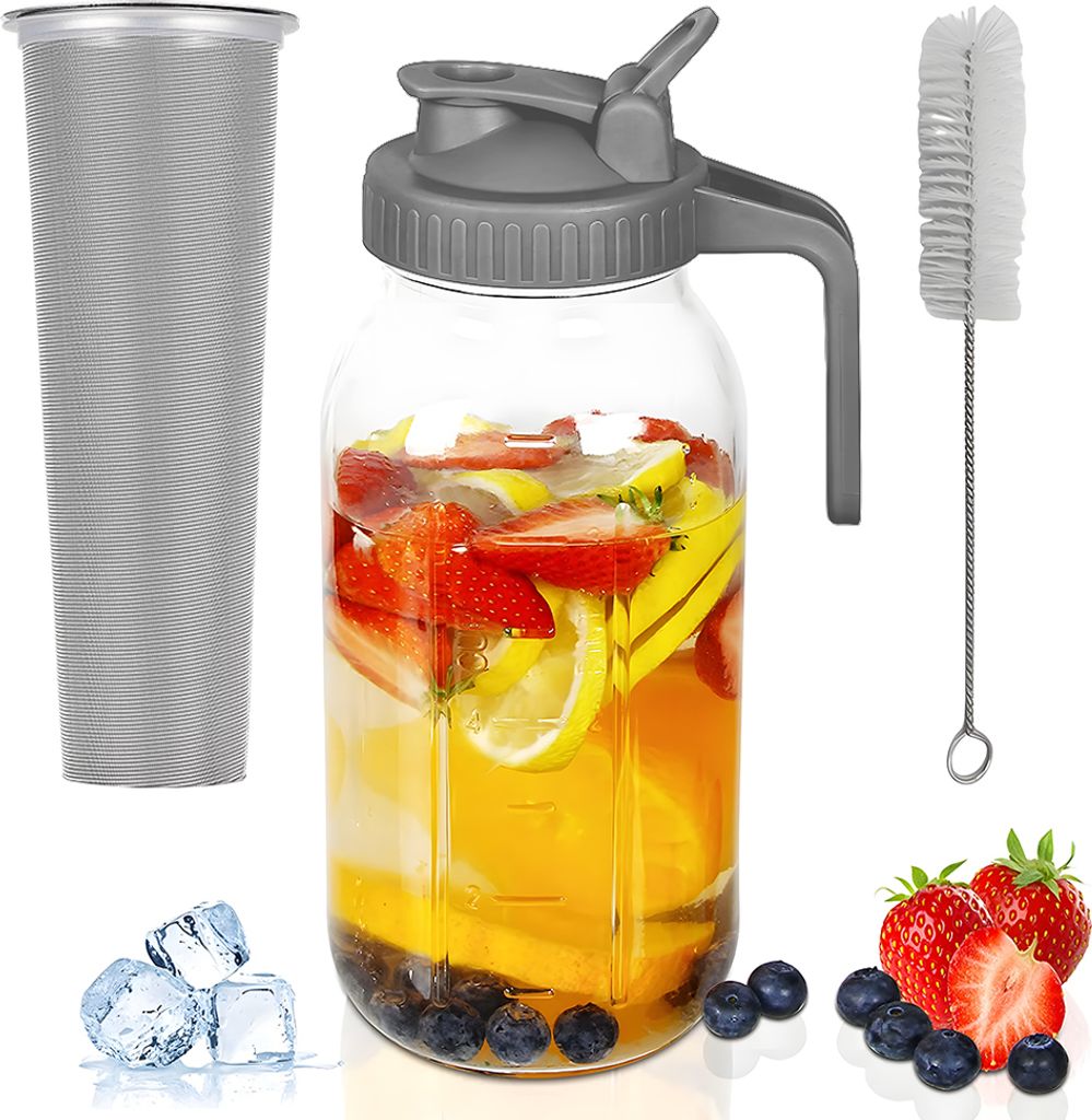 Einmachglas-Krug aus Glas mit Deckel, 1 Quart (32 oz / 1 l), auslaufsicherer Wasserkrug mit breiter oeffnung und Filterdeckel, Kaltbruehkrug fuer W...