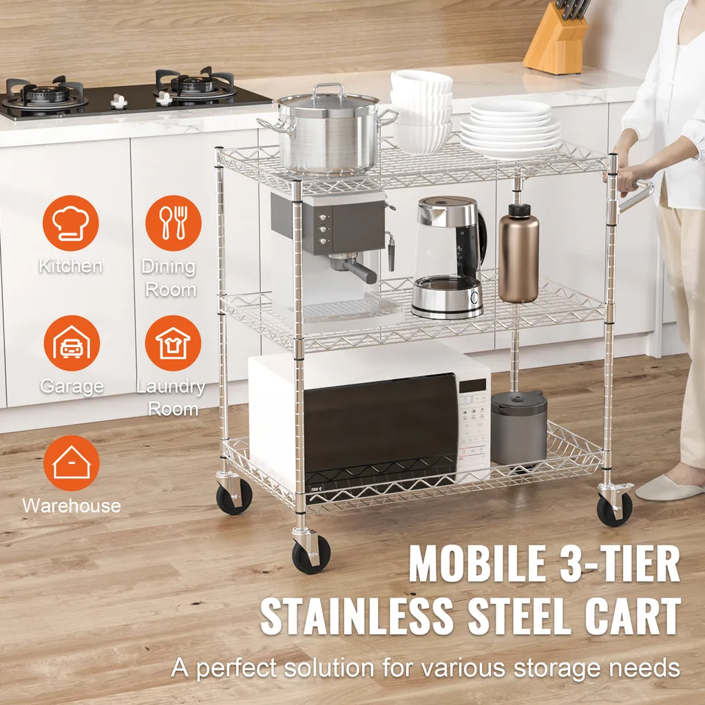 Carrello da cucina SucceBuy, 3 livelli, carrello in filo metallico con capacità di carico di 290 kg, carrello di servizio in acciaio su ruote, carrello di stoccaggio in metallo con cesto profondo 80 mm, manico curvo - 2
