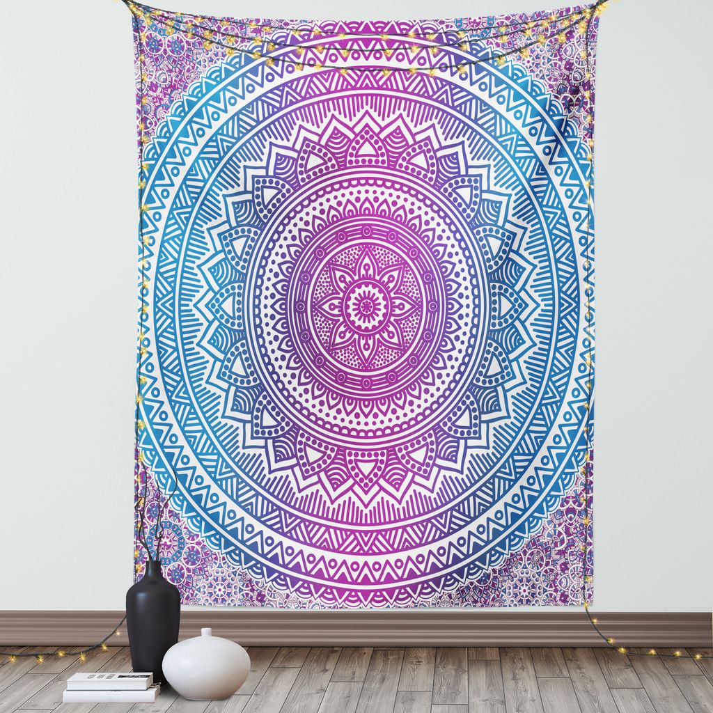 ABAKUHAUS Blau und Pink Wandteppich, Ombre Mandala Floral Star Medaillon Muster ethnischen Stil Bohemian, Wohnzimmer Schlafzimmer Seidiger Satin Wa...