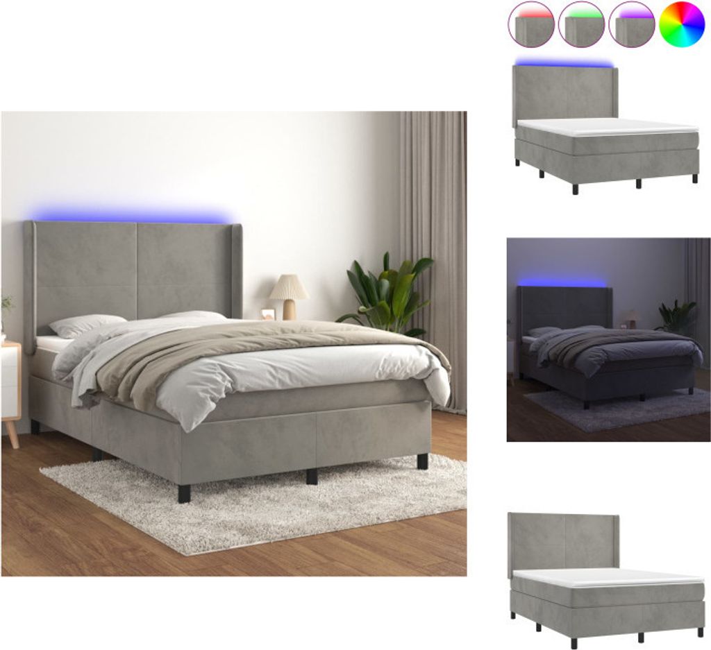 vidaXL Boxspringbett mit Matratze & LED Hellgrau 140x190 cm Samt - Betten & Bettgestelle