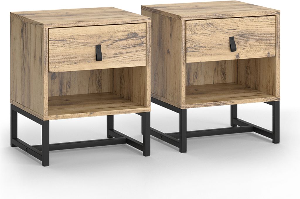 Two identical wooden nightstands with black metal legs are shown against a white background.