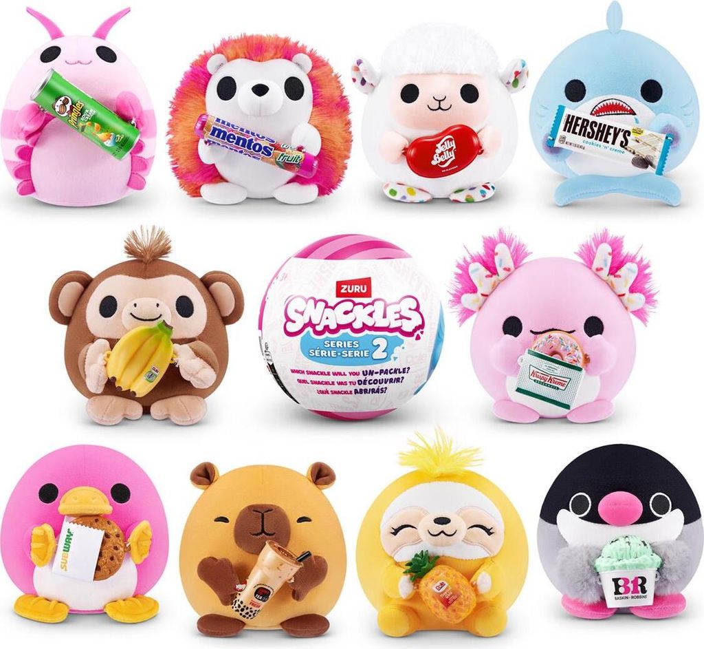 A collage of various plush toys, each holding a snack or drink.