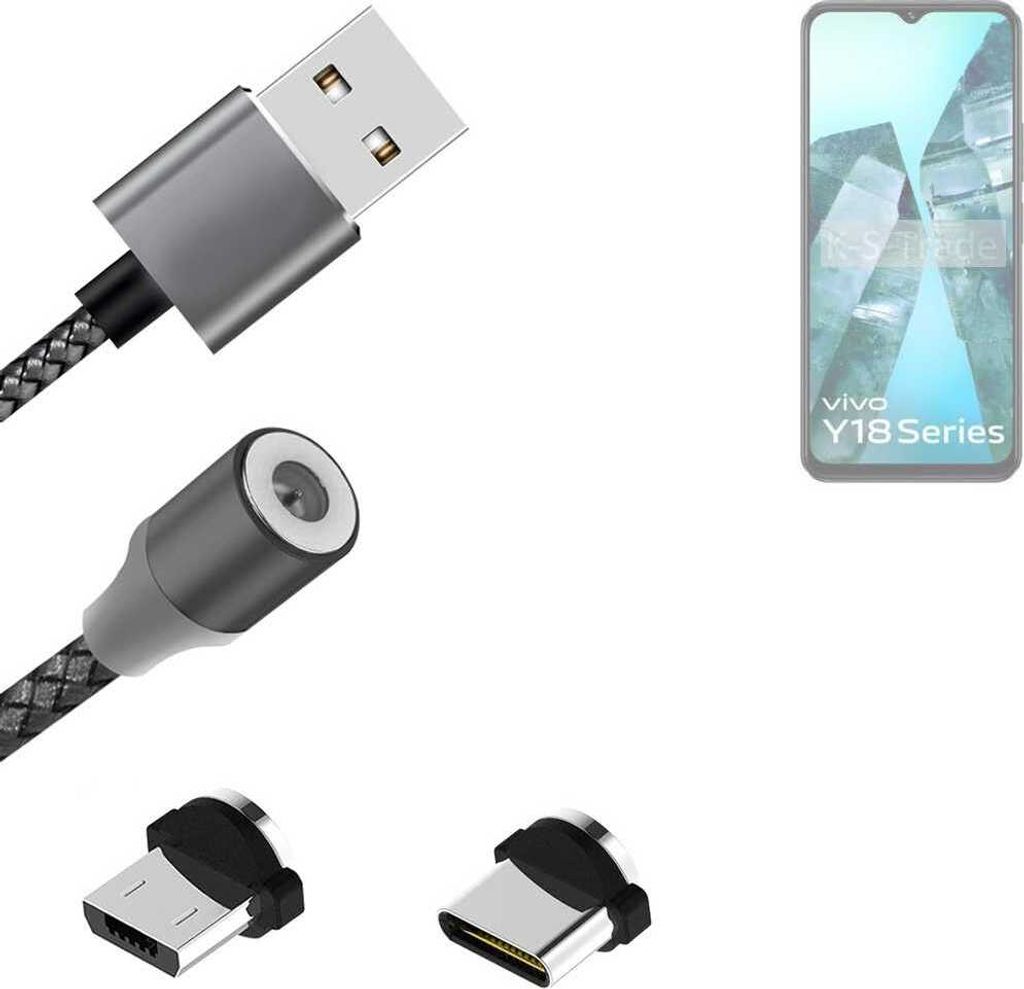 K-S-Trade Hochwertiges Magnet-Lade-kabel Sync-Kabel Daten-Kabel kompatibel mit Vivo Y18i mit USB-Typ-C-Anschluss und Micro-USB-Anschluss 2A bis zu
