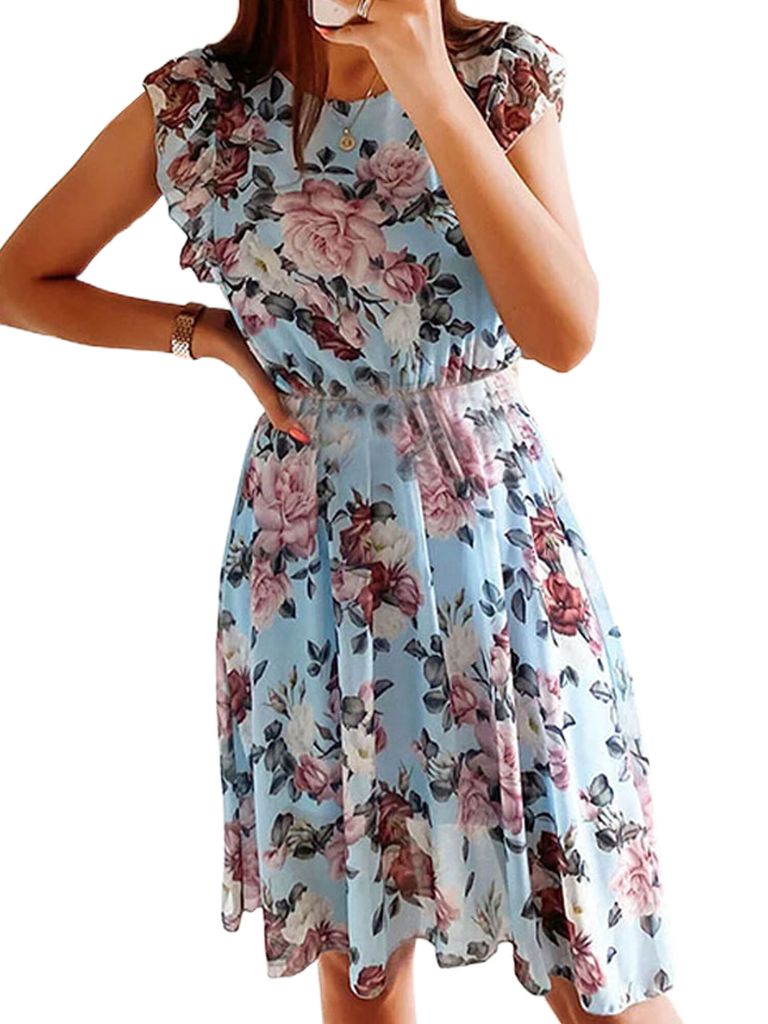 Missufe Damen Sommerkleid Mit Blumenprint – A-Linie, Puffärmel, Kordelzug, Kurz, Aus Weichem Stretch-Stoff