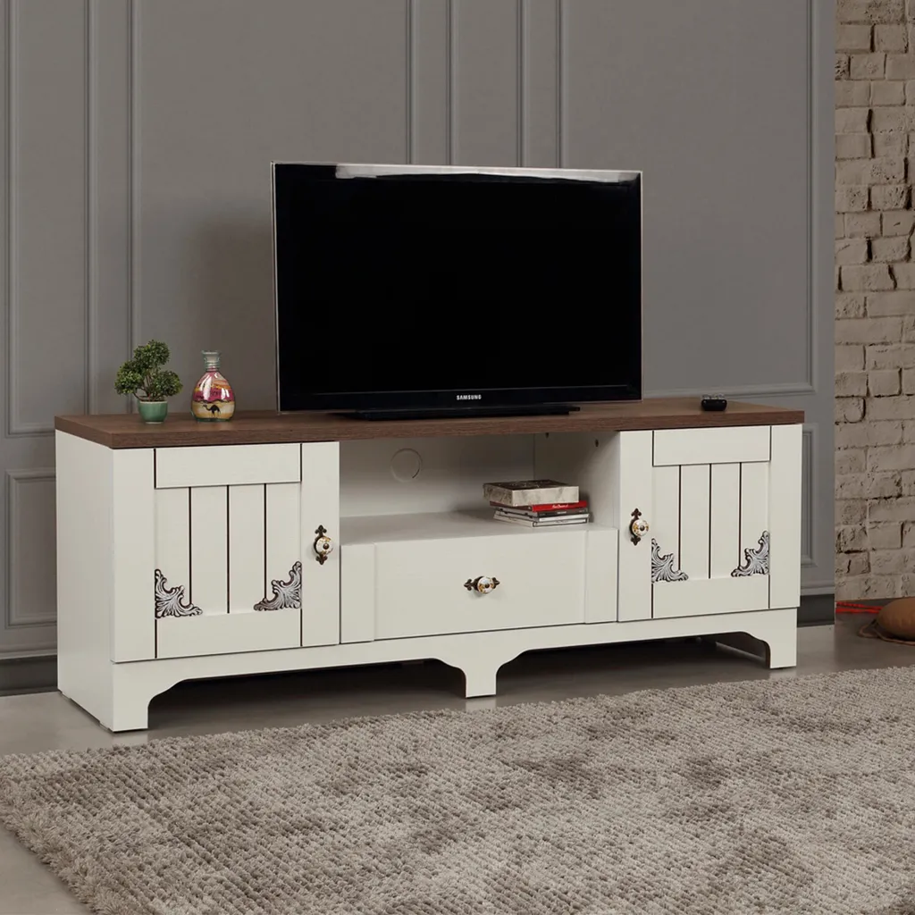 Meuble TV de Salon Blanc et Marron pour Organiser vos Rangement
