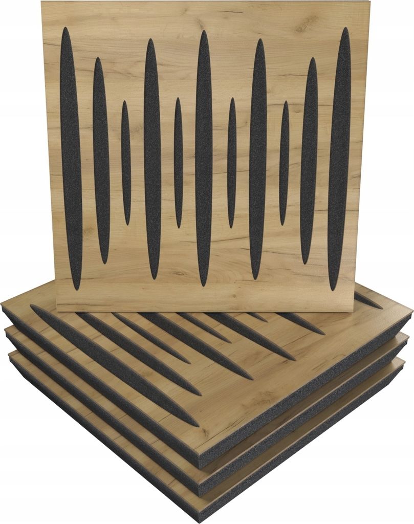 A stack of acoustic wall panels with a wood grain finish and black inserts.