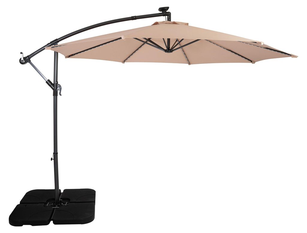 LED Ausleger-Sonnenschirm 3m Beige Bananenschirm mit quadratischem Beschwerungsfuß Garten Sonnenschutz Terrasse Außenbereich UV-Schutz Kurbelgrif...