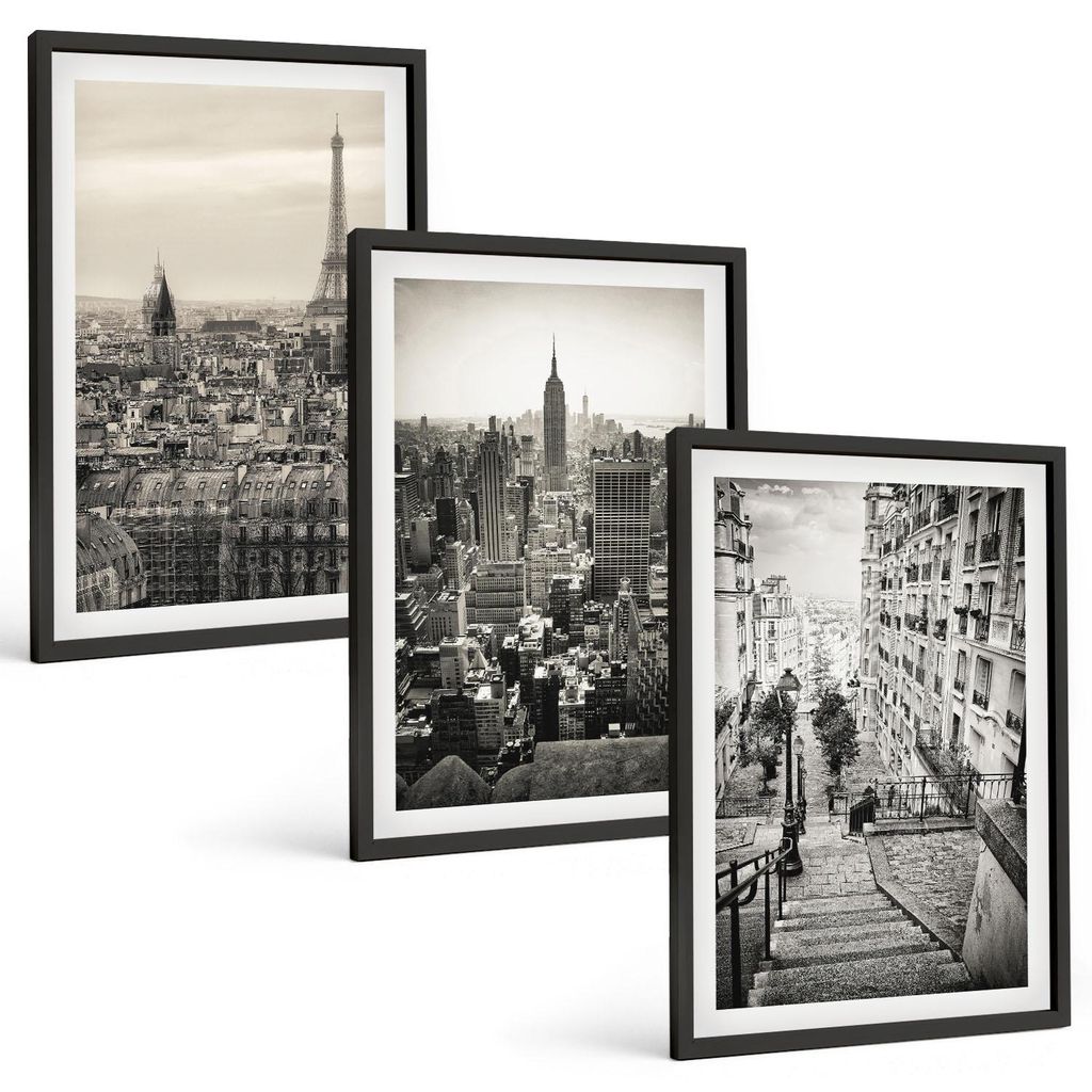 Bilder Set 3-teilig im schwarzen Rahmen – Wandbilder 3 Stück – gerahmte Poster für Wohnzimmer, Schlafzimmer und Flur – 40x60 cm – Aussich...
