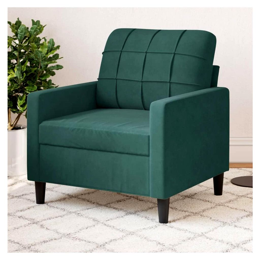 Dunkelgrüner Samt-Sessel mit 60 cm Sitzbreite und Metallgestell, bequeme Polsterung, ideal für das Wohnzimmer, moderner Einzelsessel