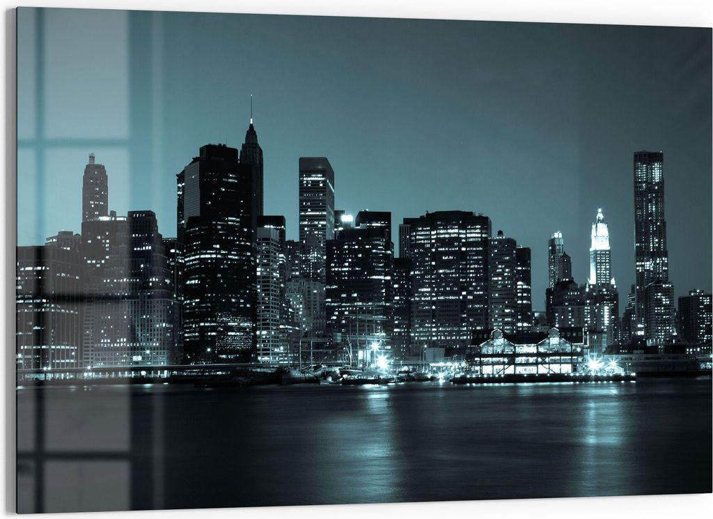 DEQORI Glasbild Echtglas 90x60 cm 'Manhattan am Abend' Wandbild Bild modern Deko