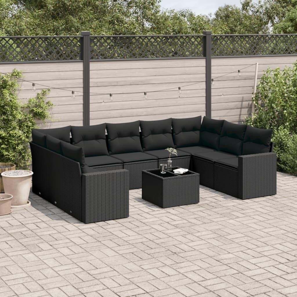 10-tlg. Garten-Sofagarnitur mit Kissen Schwarz Poly Rattan 3219395