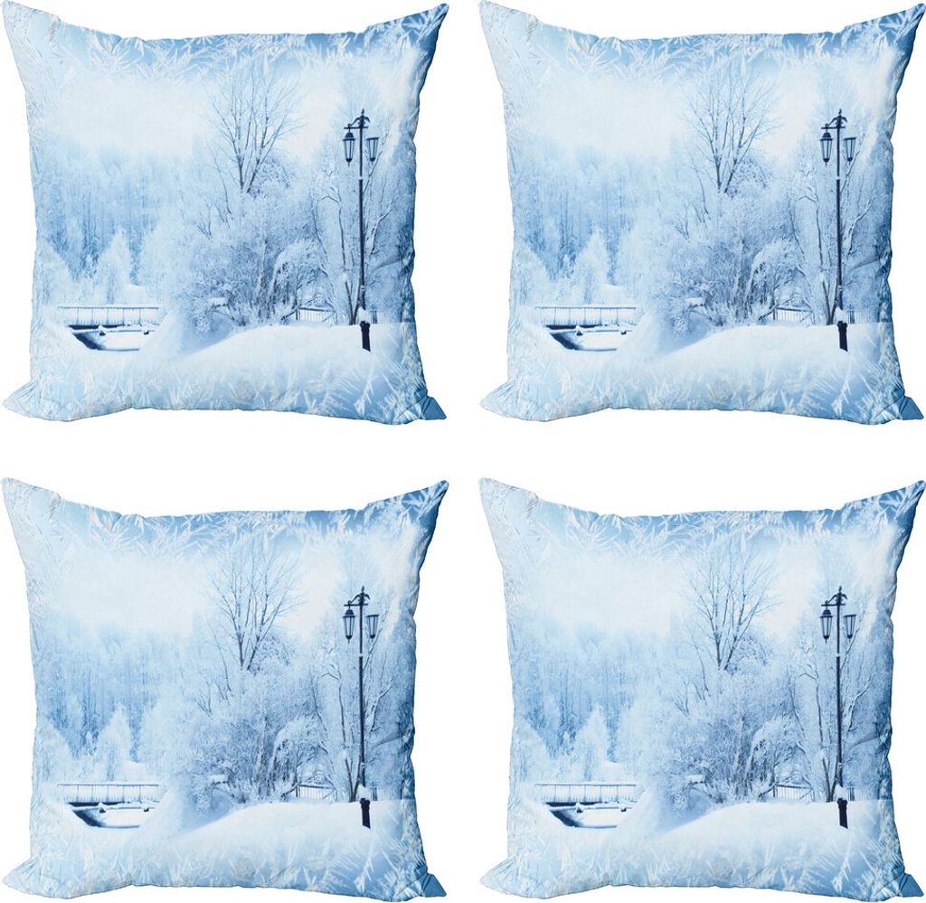 ABAKUHAUS Winter Kissenbezug Set (4 Stück), Wonderland Weihnachtsfeiertags, Moderner Doppelseitiger Digitaldruck, 40 cm x 40 cm, Blau Weiss