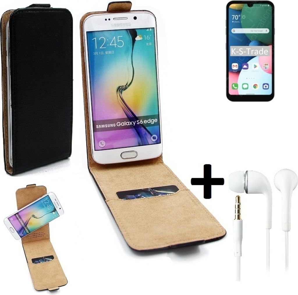 K-S-Trade Handyhülle + Kopfhörer kompatibel mit LG Electronics Fortune 3 360° Flipstyle Schutzhülle Smartphone Tasche Case Flip cover schwarz 1x