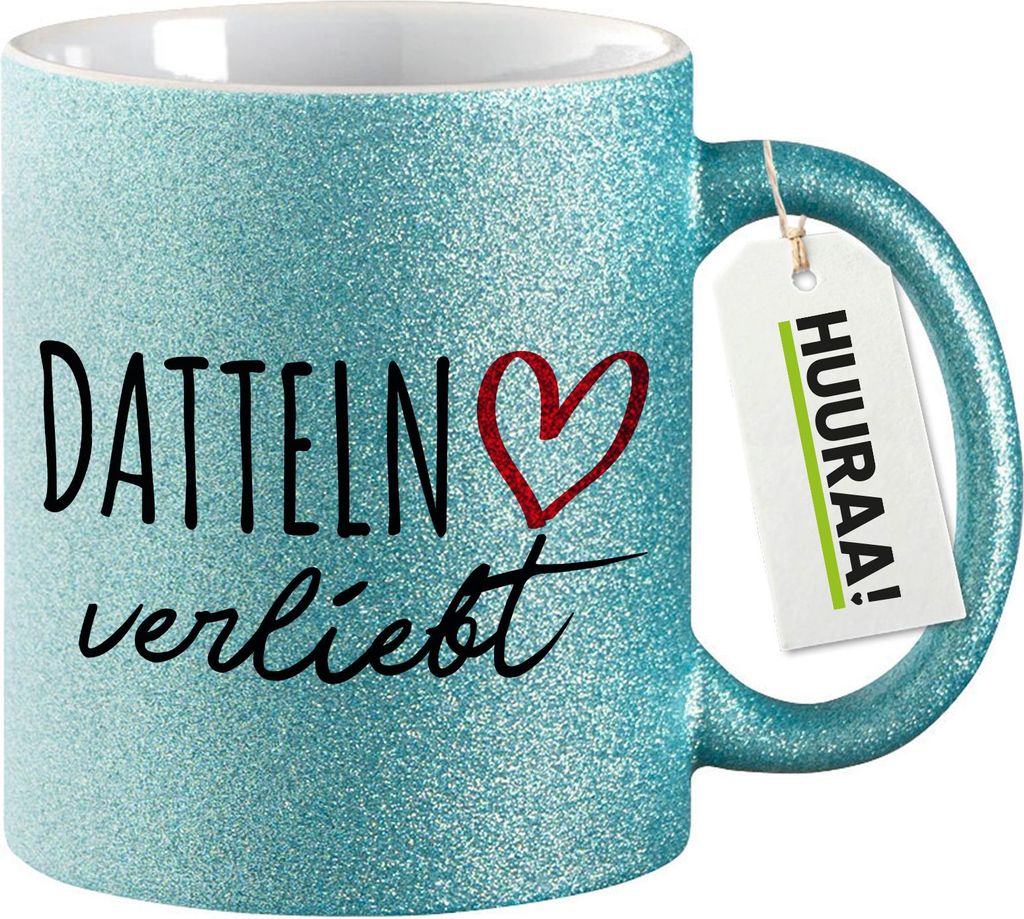 Huuraa Glitzertasse Datteln verliebt 330ml Blau Keramik Kaffeebecher Geschenkidee