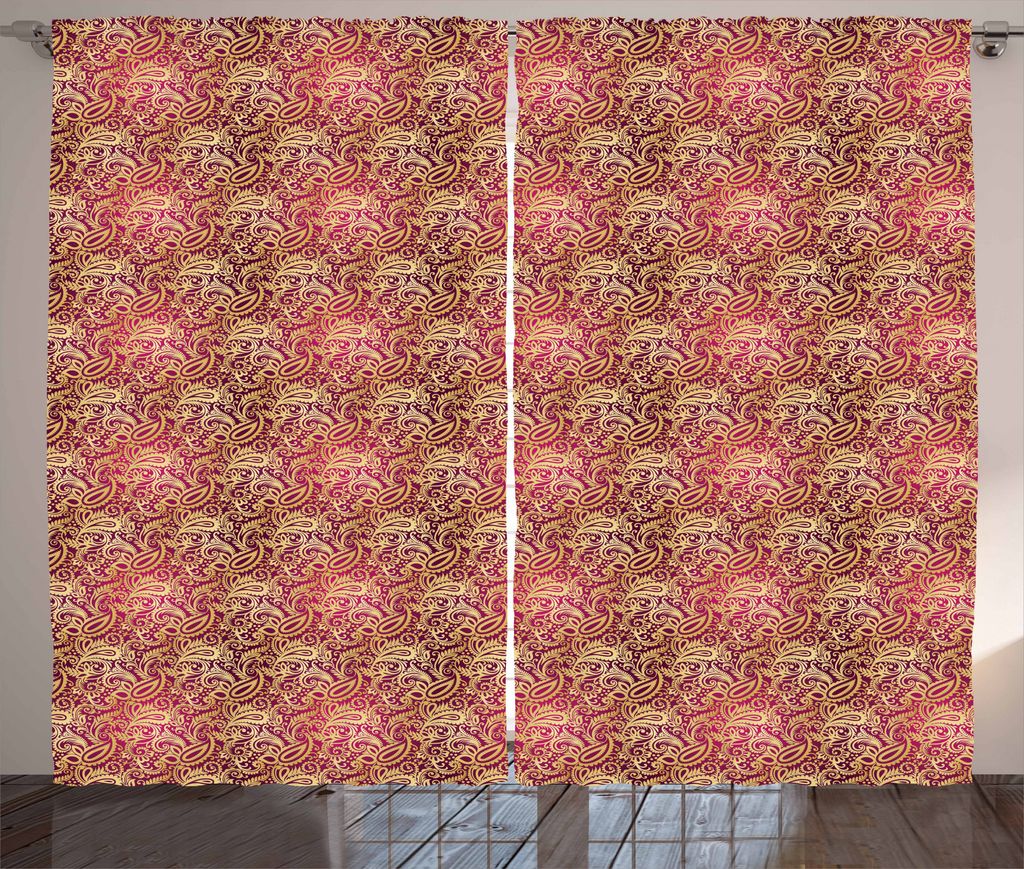 ABAKUHAUS Gelbes Damast Rustikaler Vorhang, Wirbler Oriental, Wohnzimmer Universalband Gardinen mit Schlaufen und Haken, 280 x 175 cm, Gelb und Mag...