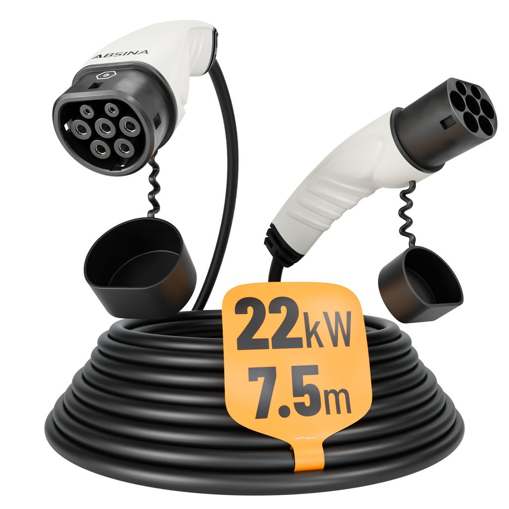 ABSINA Typ 2 Ladekabel 22kW & 32A für Hybrid & Elektroauto - 7,5 Meter Auto Ladekabel Typ2 3 phasig - Mode 3 Ladekabel