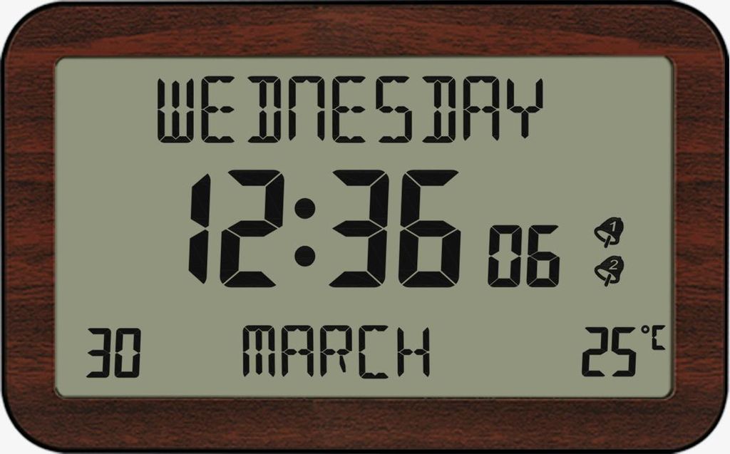 Kabelloser digitaler Wecker – Kalender, Datum, Tag und Uhrzeit – große Zahlen – 6 Sprachen – 2 Alarme – Umgebungstemperatur – zur Wand...