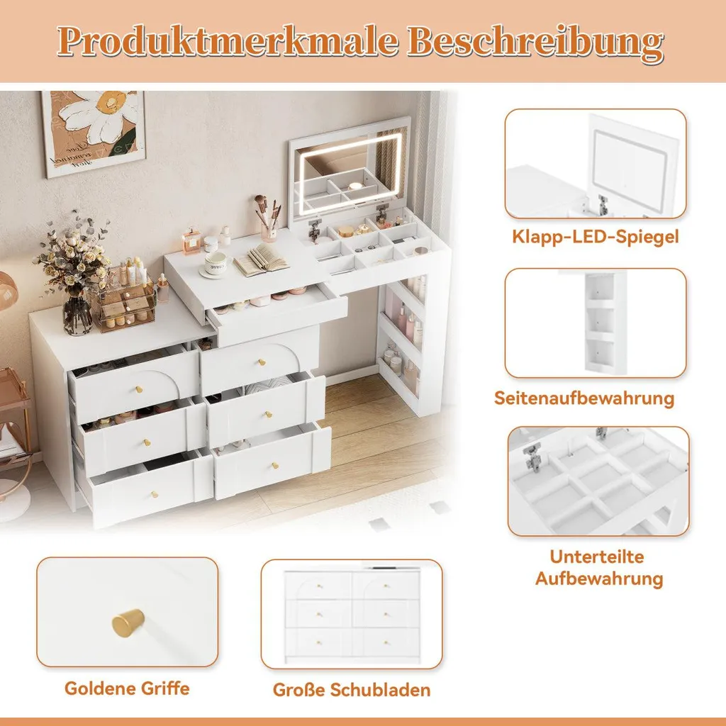 Coiffeuse avec miroir LED pour coin maquillage et espace bureau