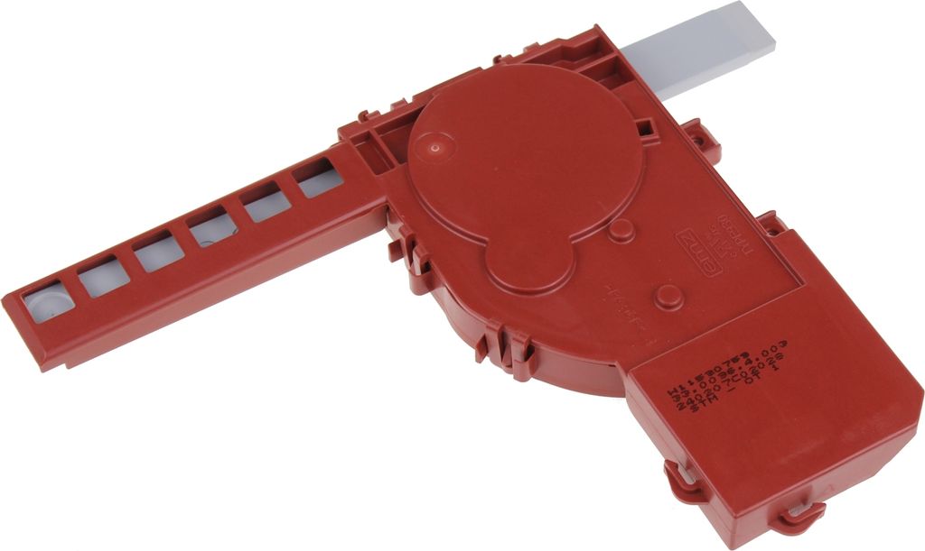 A red plastic appliance part with a gray extension, isolated on a white background.