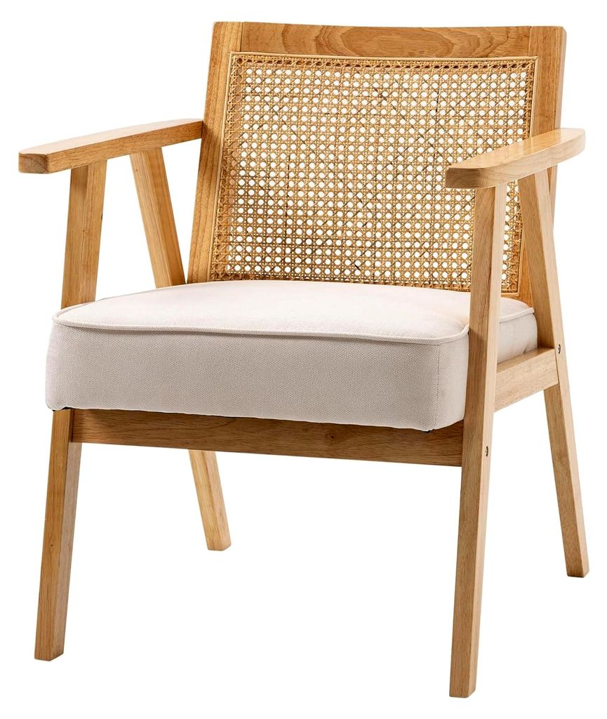 Sessel Wohnzimmer Relaxsessel mit Armlehnen und Rattan-Rückenlehne, Lesesessel mit Leinen-Optik, Holzrahmen, Polstersessel für Schlafzimmer Creme