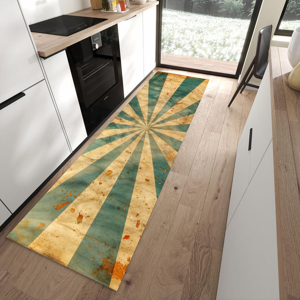 Küchenteppich 80x280cm rutschfest & abwischbar PVC Läufer - Retro Sonnenstrahlen