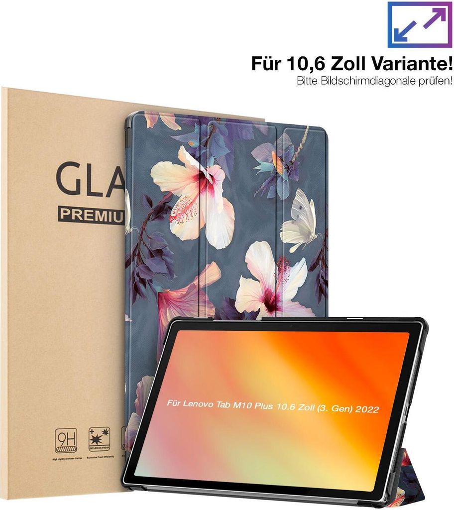 Schutzhülle + 2x 9H Display Glas für Lenovo Tab M10 Plus 10.6 3. Gen 2022 Cover Case Schutz Tablet Farbe: Blühender Hibiskus