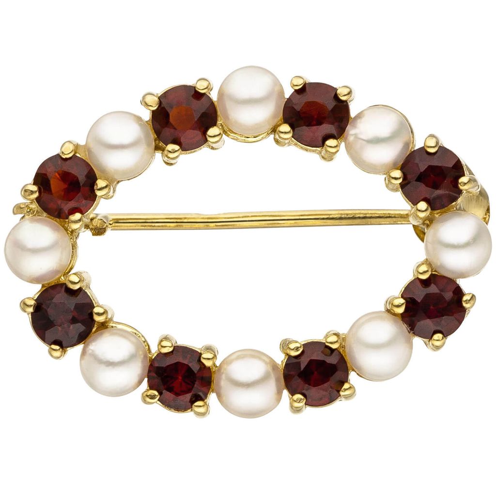 Brosche mit roten Granaten und Akoya-Perlen Nadelsicherung 375 Gold Gelbgold