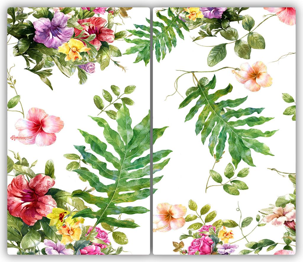 Tulup Glas-Herdabdeckplatte - 2x30x52cm - Glaskeramikkochfeld-Abdeckung Spritzschutz Zweiteilig Blumenmuster