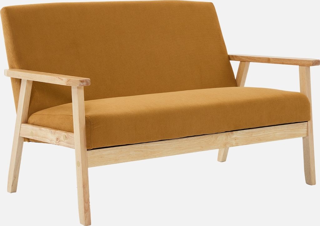 A studio shot of a two-seater sofa with a mustard yellow corduroy fabric and light wood frame.