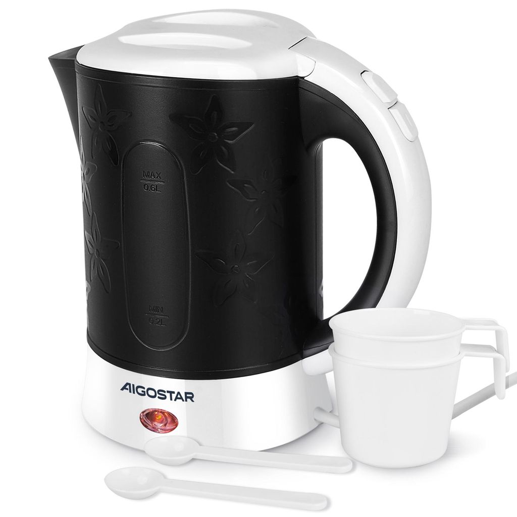 Aigostar - 0,6 L Reisewasserkocher, Mini Wasserkocher Klein 650W, Camping, 2 Tassen und 2 Teelöffel, Abschaltautomatik mit Trockenschutz, Shwarz