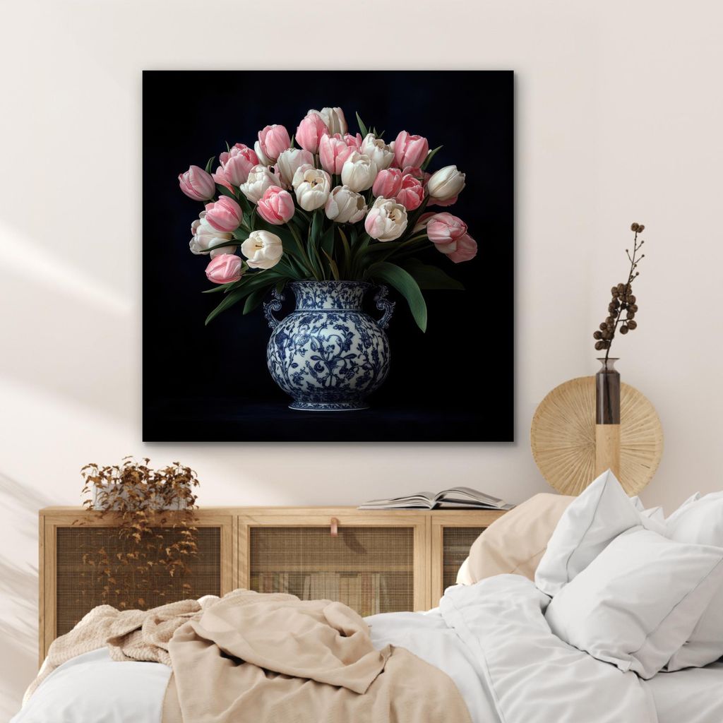 MuchoWow Wanddekoration Metall Metallbild Wandkunst 90x90 cm Blumen - Rosa - Tulpen - Vase MuchoWow Aluminium Gemälde - Dekoration - Industrial - ...
