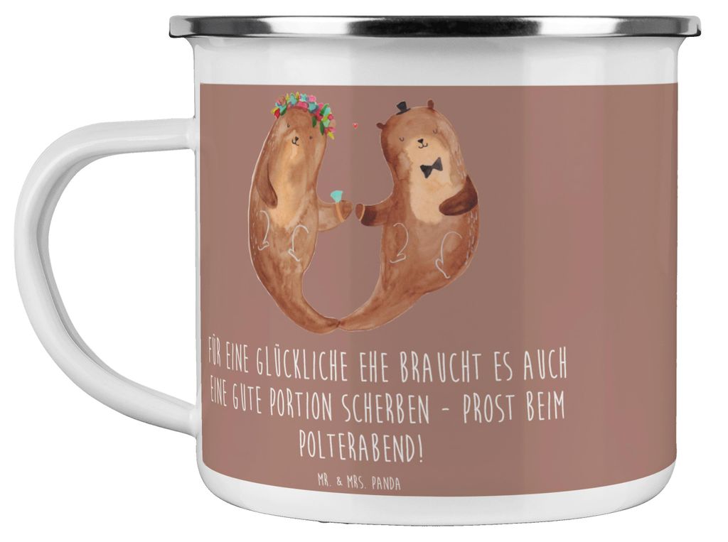 Mr. & Mrs. Panda Pott Scherben Polterabend - Braun Pastell - Geschenk, emaillebecher, Geschenke, Geschenkideen, Emaille Tasse, becher, Brauch, Teet...